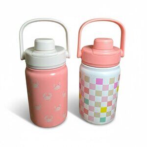 Double Wall Kids Stainless Steel Water Bottles 12oz Pink Crab & Pastel Checkered